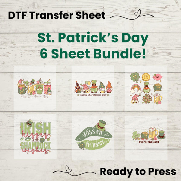 St. Patrick’s Day DTF Transfer Bundle – 6-sheet ready-to-press retro Irish heat transfer pack featuring shamrocks, beer mugs, and lucky sayings