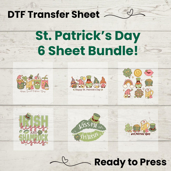 St. Patrick’s Day DTF Transfer Bundle – 6-sheet ready-to-press retro Irish heat transfer pack featuring shamrocks, beer mugs, and lucky sayings
