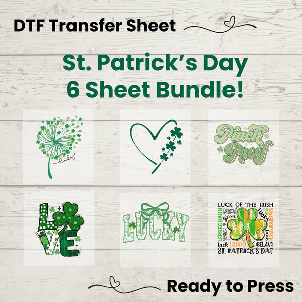 St. Patrick’s Day DTF Transfer Bundle – 6 Irish heat press designs for t-shirts, hoodies, and tote bags. Ready-to-press DIY transfer sheets