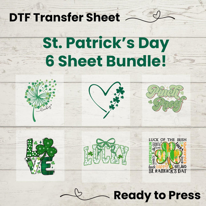St. Patrick’s Day DTF Transfer Bundle – 6 Irish heat press designs for t-shirts, hoodies, and tote bags. Ready-to-press DIY transfer sheets