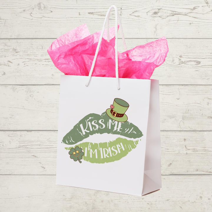 Kiss Me I'm Irish DTF Transfer featuring green lips, shamrock, and leprechaun hat for St. Patrick's Day apparel DIY projects