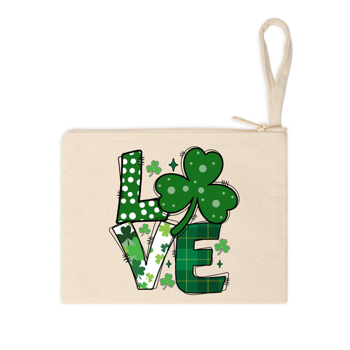 St. Patrick’s Day LOVE DTF transfer sheet featuring bold lettering with shamrocks, polka dots, and green plaid patterns for festive DIY apparel