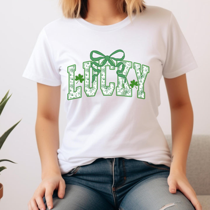 Lucky Vibes DTF Transfer – Chinoiserie Coquette St. Patrick’s Day heat press design with a retro green bow, ready to press for shirts and hoodies.