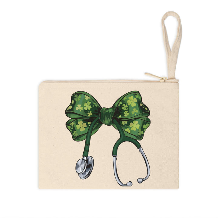 St. Patrick’s Day Nurse DTF transfer featuring a green coquette bow with shamrocks on a stethoscope, ideal for DIY nurse and medical apparel.