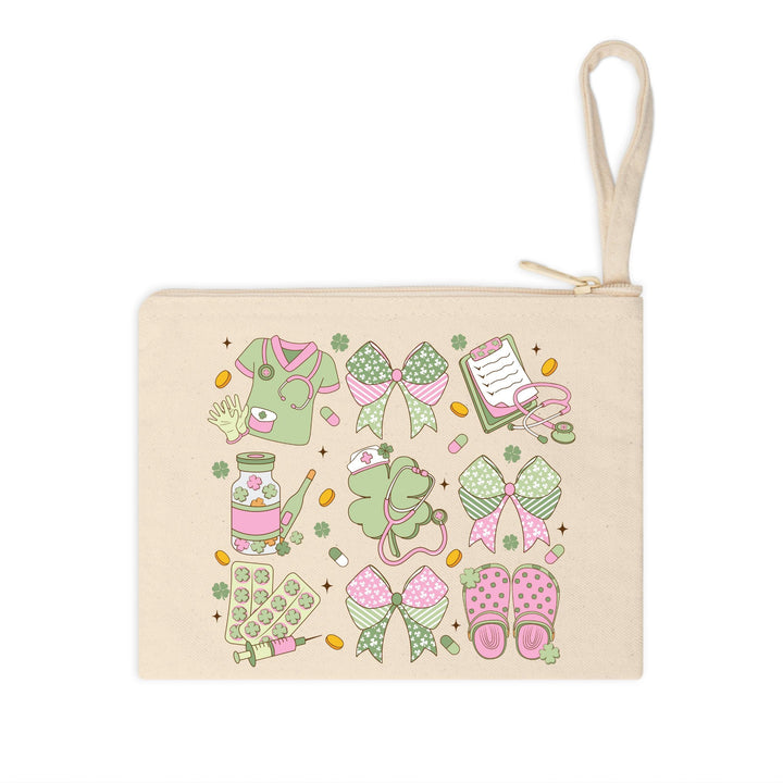 St. Patrick’s Day Nurse DTF transfer featuring coquette aesthetic, pastel pink and green nurse graphics including stethoscopes, scrubs, bows, and crocs.