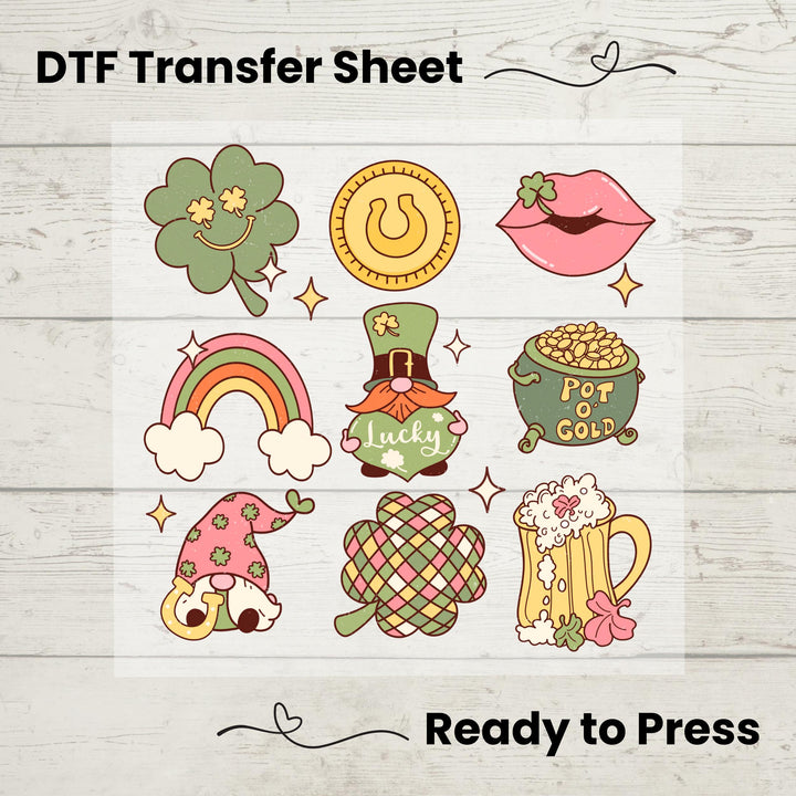 Retro St. Patrick’s Day DTF transfer sheet featuring shamrocks, lucky gnomes, leprechaun, pot o' gold, beer mug, and Irish symbols for DIY apparel.