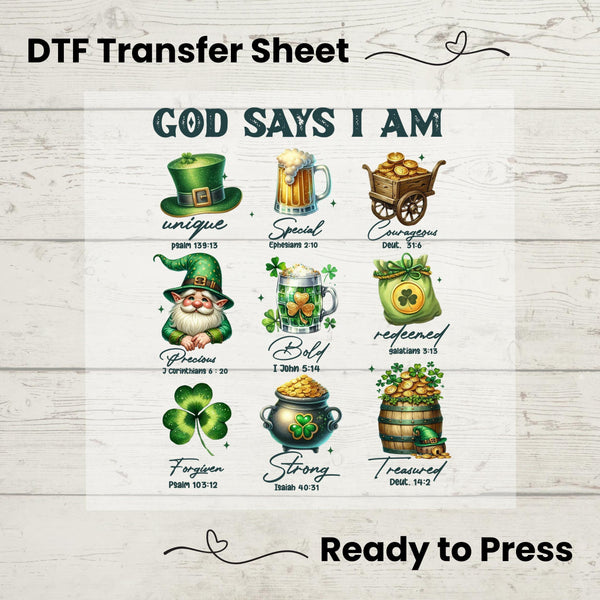 God Says I Am St. Patrick’s Day DTF transfer sheet featuring Christian affirmations, shamrocks, leprechauns, gold pots, and Bible verses for DIY apparel.