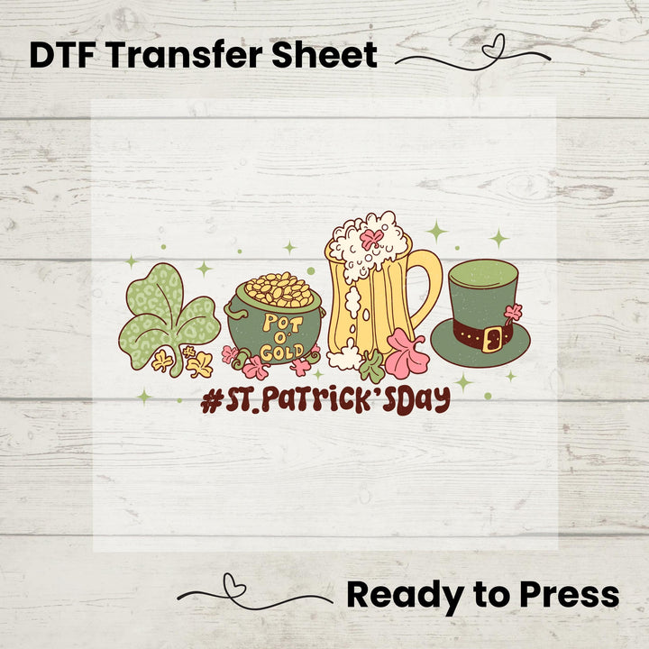 Retro St. Patrick’s Day DTF transfer sheet featuring vintage shamrock, beer mug, pot of gold, leprechaun hat, and festive hashtag for DIY apparel.