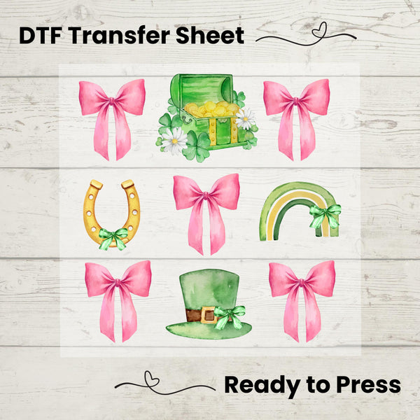 St. Patrick’s Day Coquette Bow DTF Transfer – Ready-to-press pink bow, shamrock, rainbow, and lucky horseshoe heat transfer for stylish DIY shirts and tote bags.