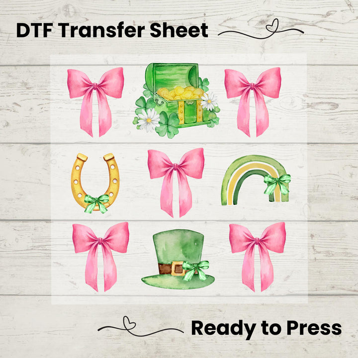 St. Patrick’s Day Coquette Bow DTF Transfer – Ready-to-press pink bow, shamrock, rainbow, and lucky horseshoe heat transfer for stylish DIY shirts and tote bags.