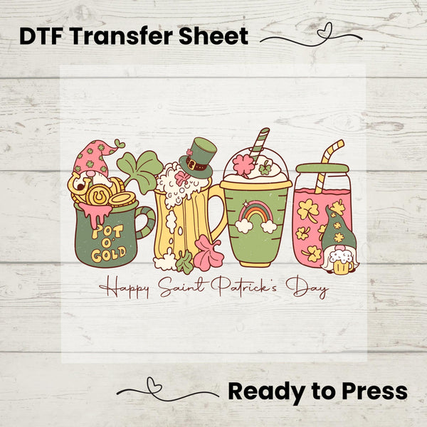 Retro St. Patrick's Day Drinks DTF Transfer with Irish coffee mugs, beer mug, shamrocks, Leprechaun hat, and cute gnome design