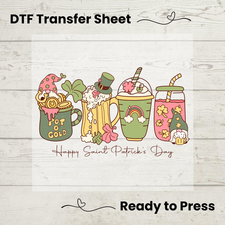 Retro St. Patrick's Day Drinks DTF Transfer with Irish coffee mugs, beer mug, shamrocks, Leprechaun hat, and cute gnome design