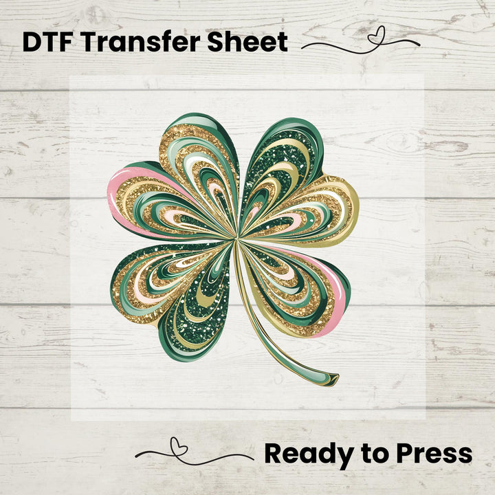St. Patrick’s Day Glitter Shamrock DTF transfer featuring sparkling green, pink, and gold glitter swirls perfect for festive DIY apparel.
