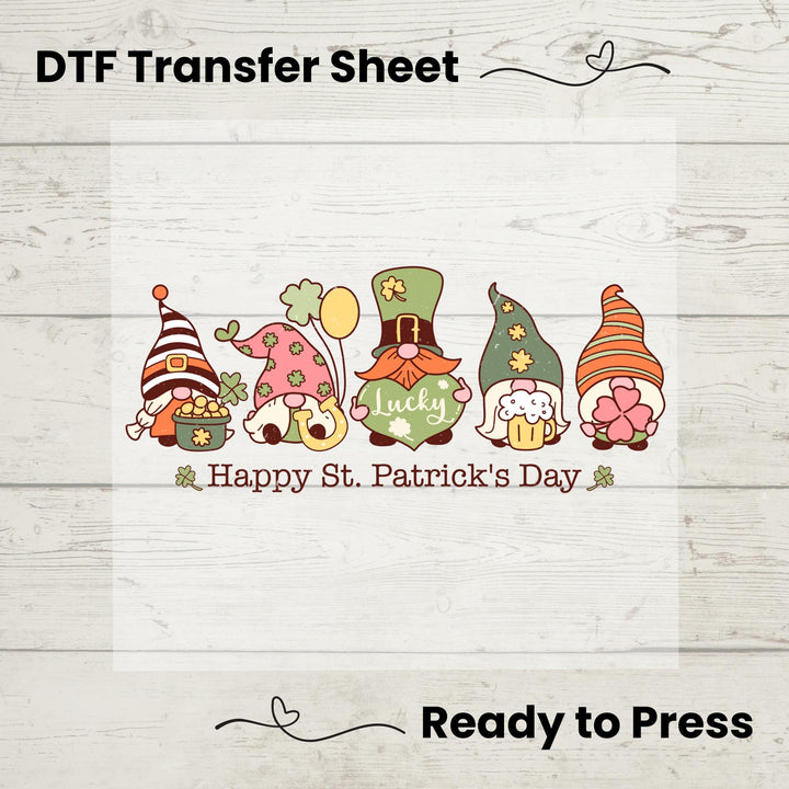 Retro St. Patrick’s Day DTF transfer featuring colorful, cute Irish gnomes with shamrocks, lucky hats, and pots of gold for DIY festive apparel