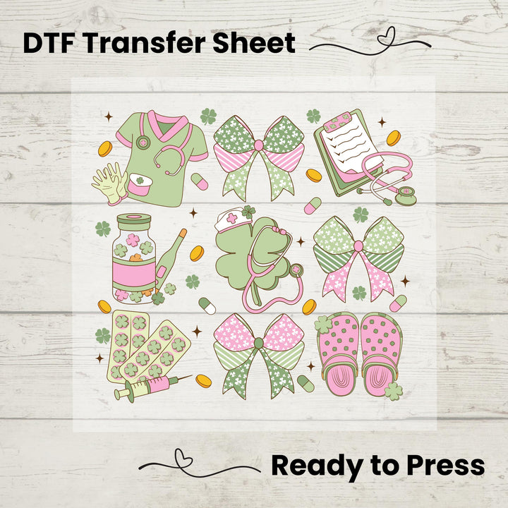 St. Patrick’s Day Nurse DTF transfer featuring coquette aesthetic, pastel pink and green nurse graphics including stethoscopes, scrubs, bows, and crocs.