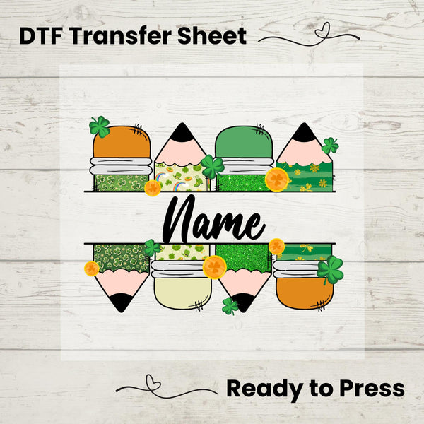 Personalized St. Patrick’s Day Teacher DTF Transfer – Custom name shamrock heat transfer featuring school elements and festive Irish design.