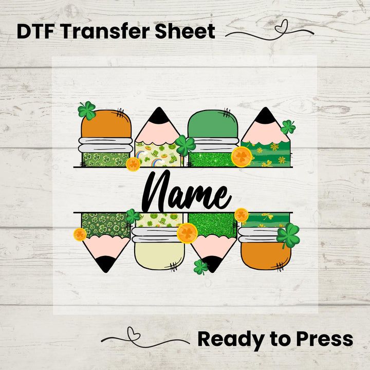 Personalized St. Patrick’s Day Teacher DTF Transfer – Custom name shamrock heat transfer featuring school elements and festive Irish design.