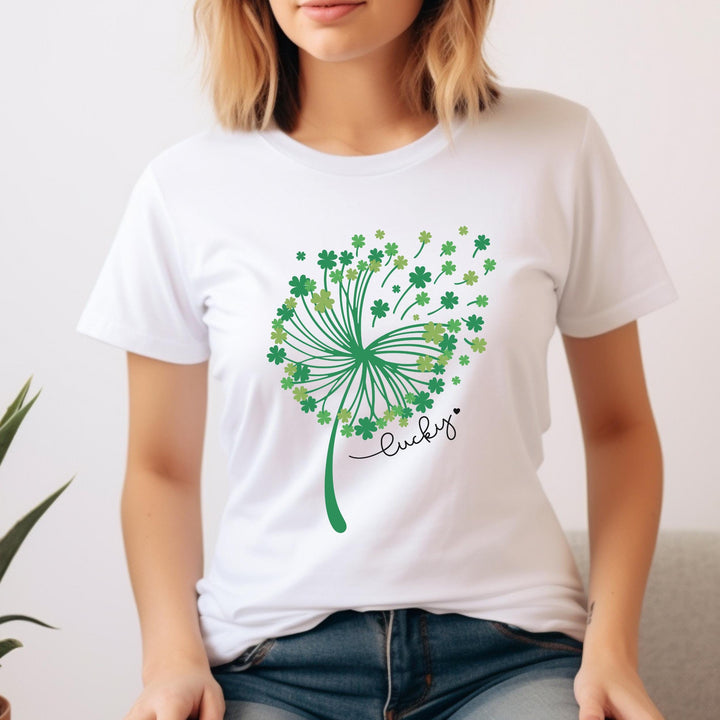 St. Patrick’s Day DTF transfer sheet featuring an elegant whimsical dandelion composed of green shamrocks with 'Lucky' text, ideal for DIY apparel.